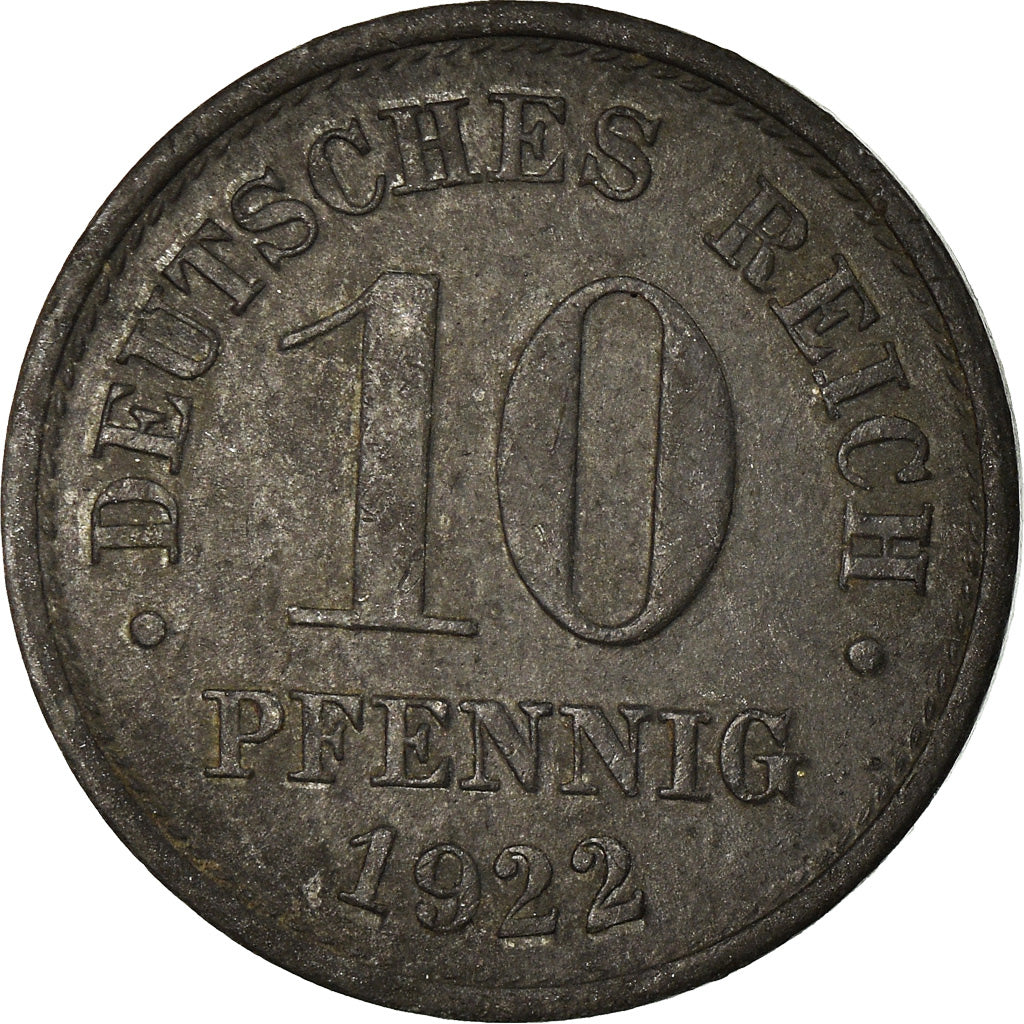 Coin, GERMANY - EMPIRE, 10 Pfennig, 1922, Berlin, VF(30-35), Zinc, KM:26