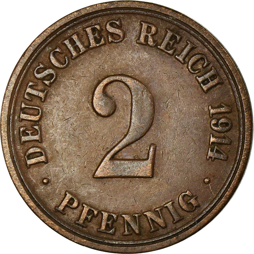 Coin, GERMANY - EMPIRE, Wilhelm II, 2 Pfennig, 1914, Berlin, VF(30-35), Copper