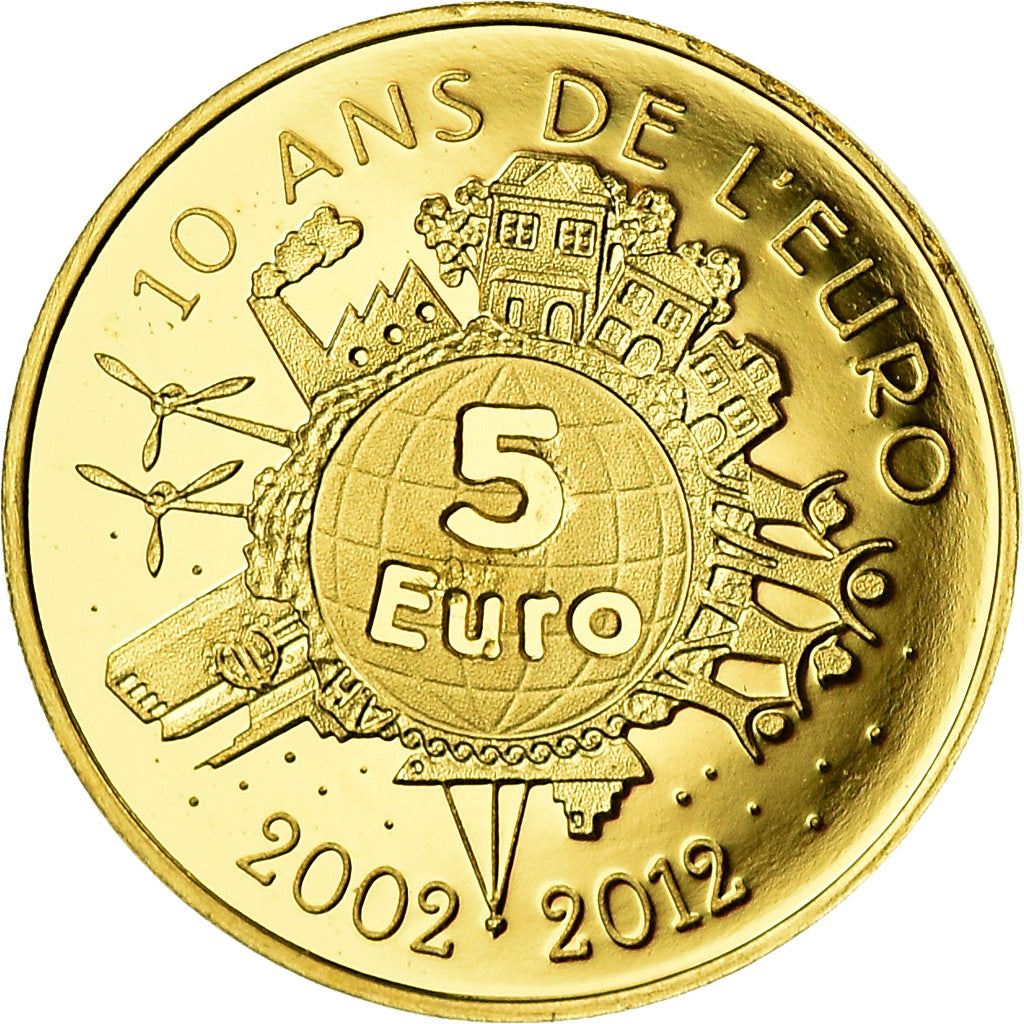France, 5 Euro, 10 ans de l'Euro, 2012, MS(65-70), Gold