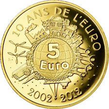 França, 5 Euro, 10 ans de l'Euro, 2012, MS(65-70), Dourado
