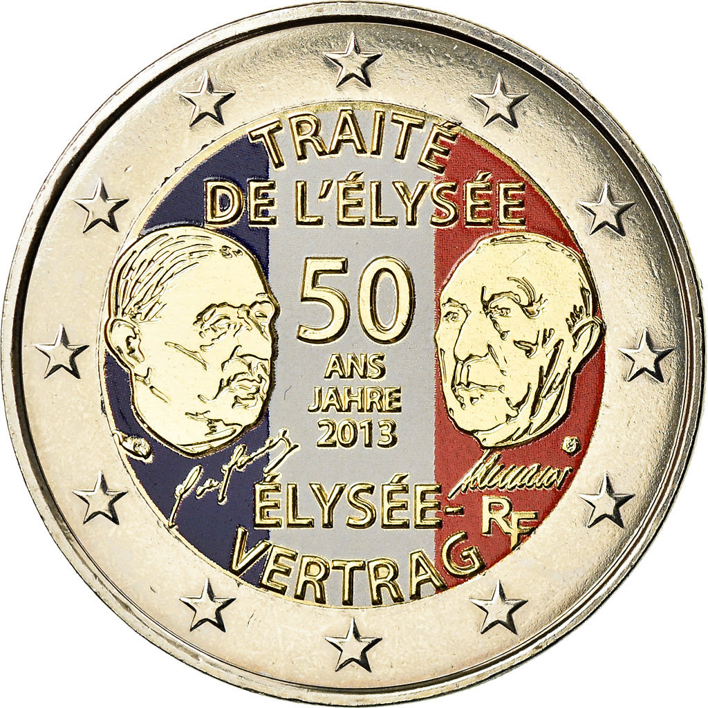 France, 2 Euro, Traité de l'Elysée, 2013, Colorised, MS(63), Bi-Metallic