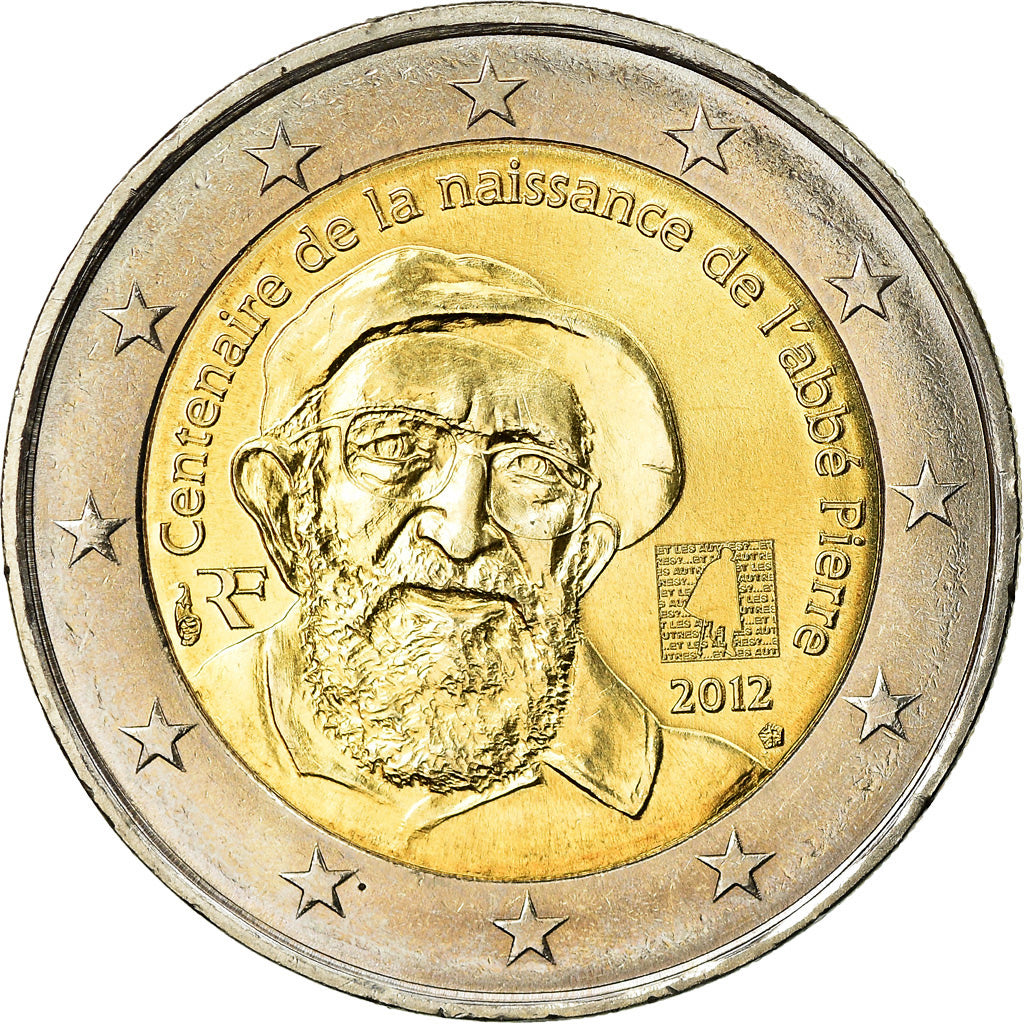 France, 2 Euro, Abbé Pierre, 2012, MS(63), Bi-Metallic, KM:1894
