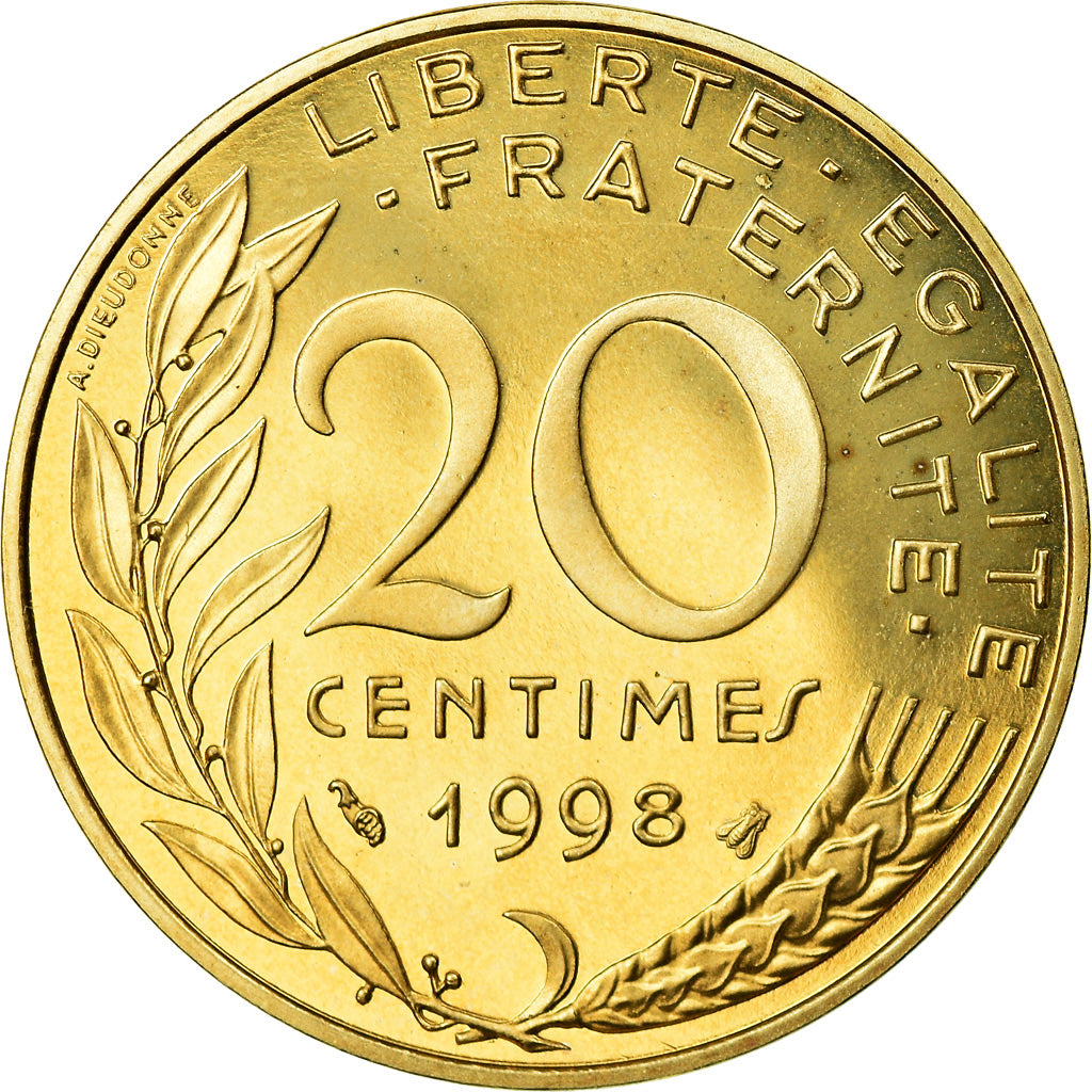 Moeda, França, Marianne, 20 Centimes, 1998, Paris, Proof, MS(65-70)