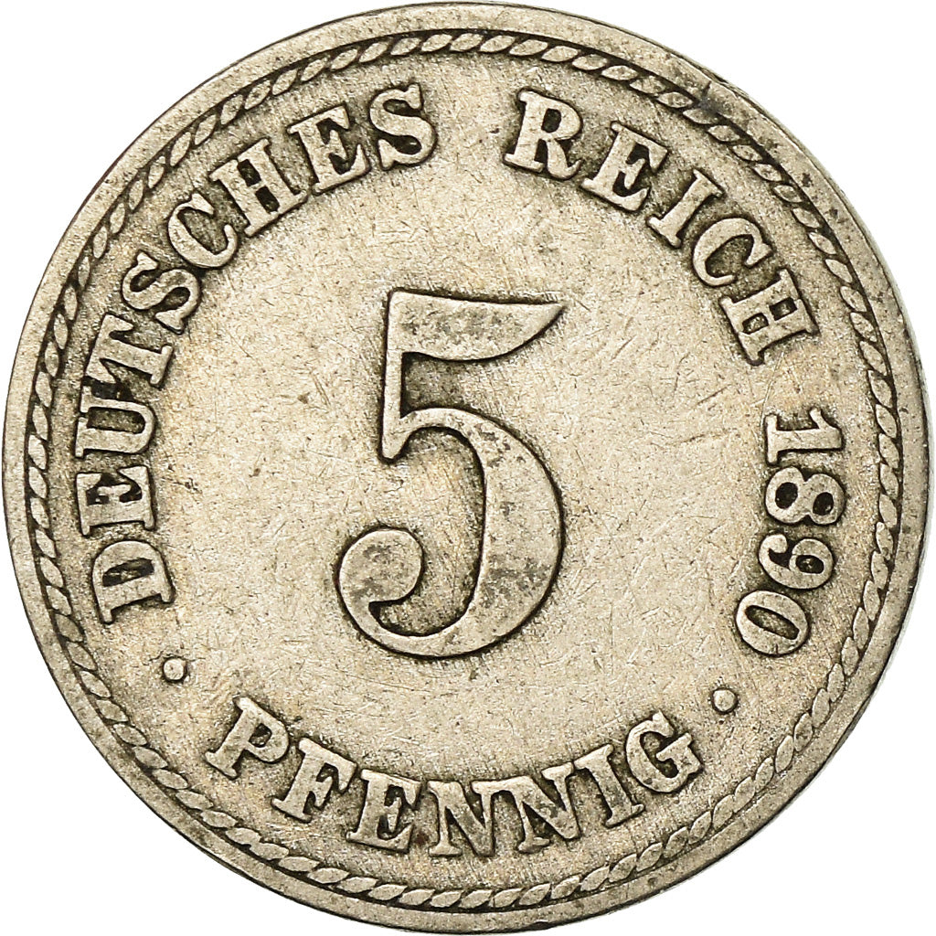 Moneda, ALEMANIA - IMPERIO, Wilhelm II, 5 Pfennig, 1890, Berlin, BC+, Cobre -