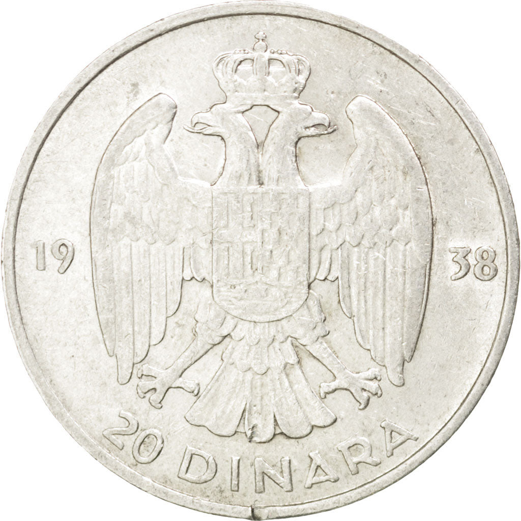YUGOSLAVIA, 20 Dinara, 1938, KM #23, EF(40-45), Silver, 27, 8.98