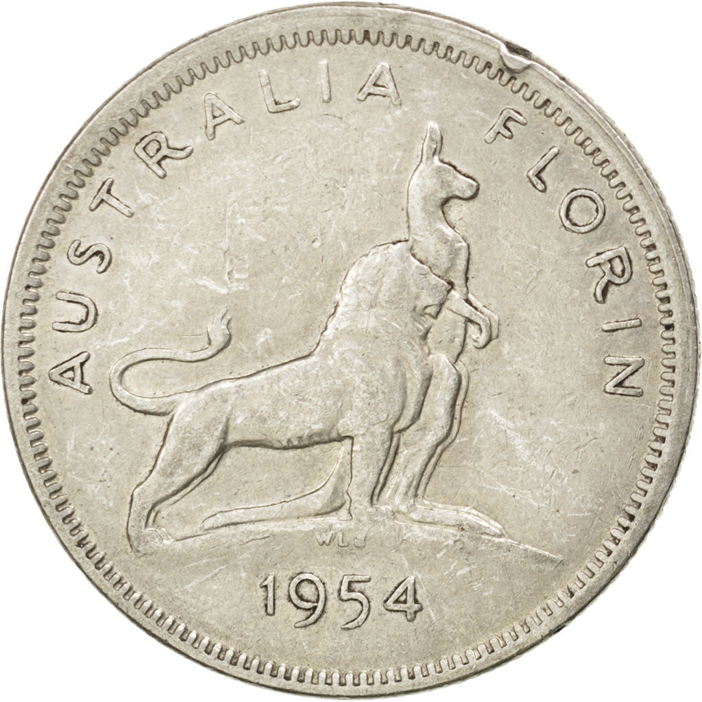 AUSTRALIA, Florin, 1954, Melbourne, KM #55, EF(40-45), Silver, 28.5, 0.00