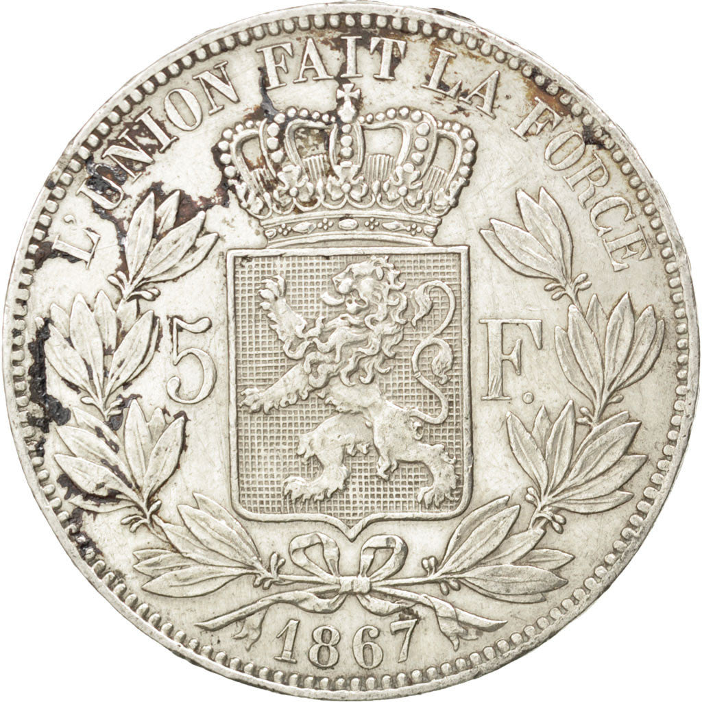 BELGIUM, 5 Francs, 5 Frank, 1867, KM #24, EF(40-45), Silver, 24.91