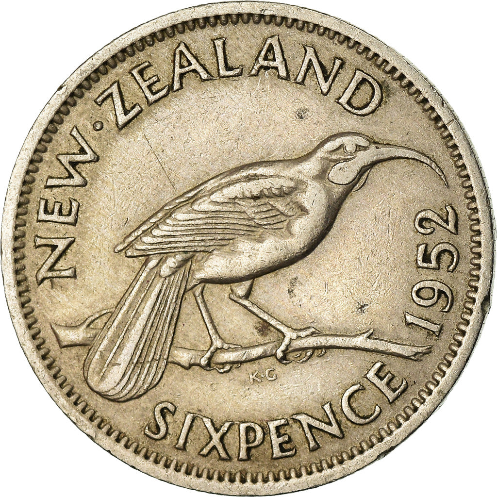 Moneda, Nueva Zelanda, George VI, 6 Pence, 1952, MBC, Cobre - níquel, KM:16