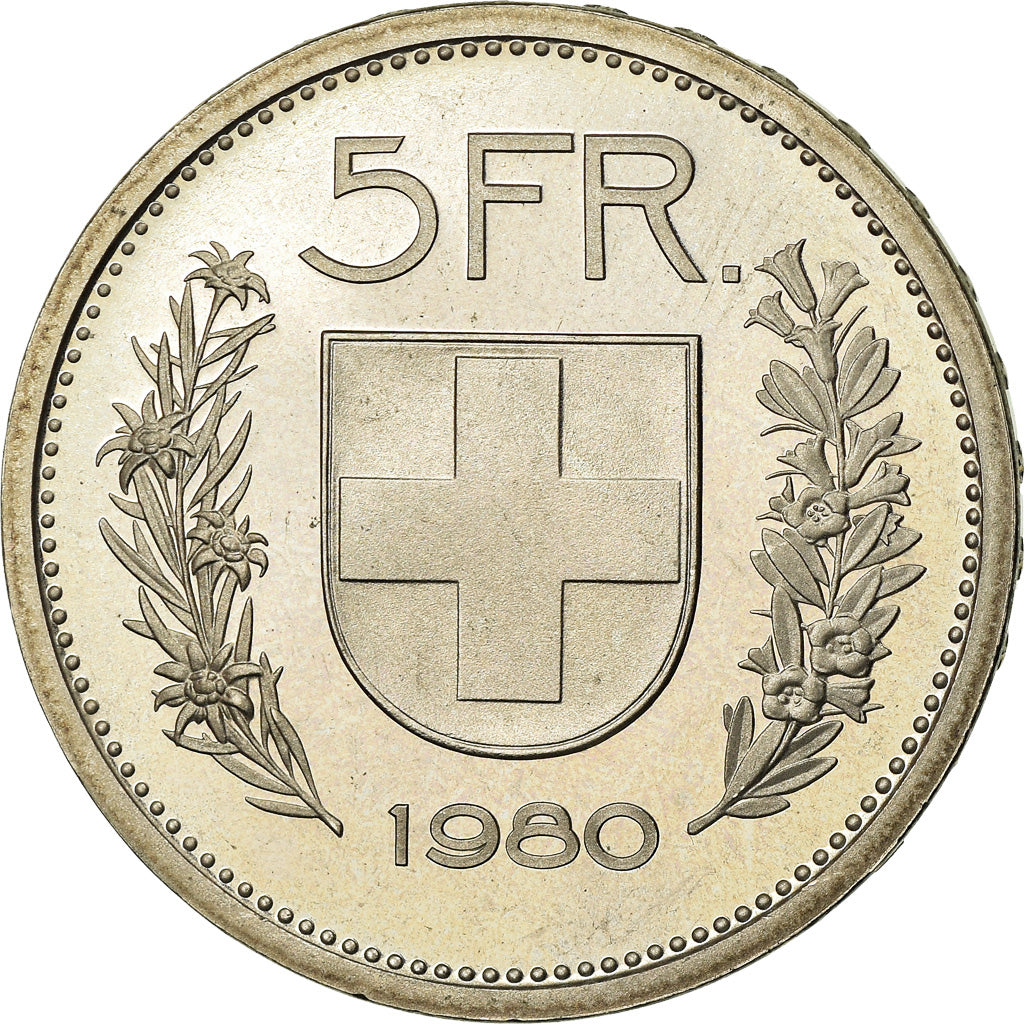Coin, Switzerland, 5 Francs, 1980, Bern, Proof, MS(63), Copper-nickel, KM:40a.1
