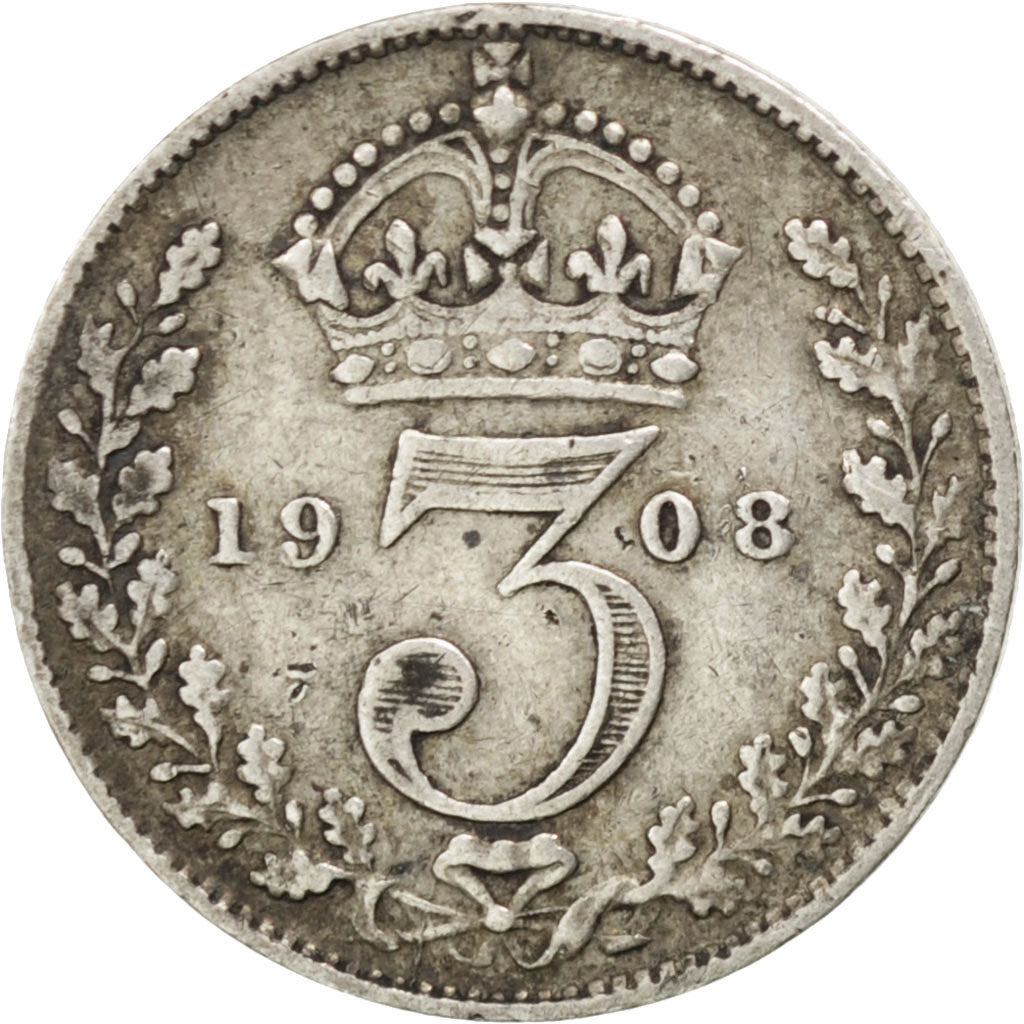 GREAT BRITAIN, 3 Pence, 1908, KM #797.2, EF(40-45), Silver, 16, 1.37