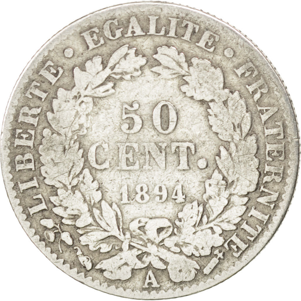 FRANCE, Cérès, 50 Centimes, 1894, Paris, KM #834.1, VF(20-25), Silver, 18, G...