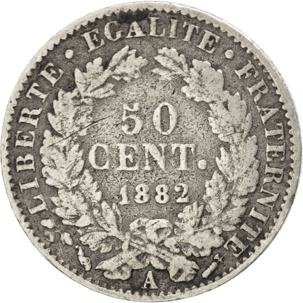 FRANCE, Cérès, 50 Centimes, 1882, Paris, KM #834.1, VF(20-25), Silver, 18, G...