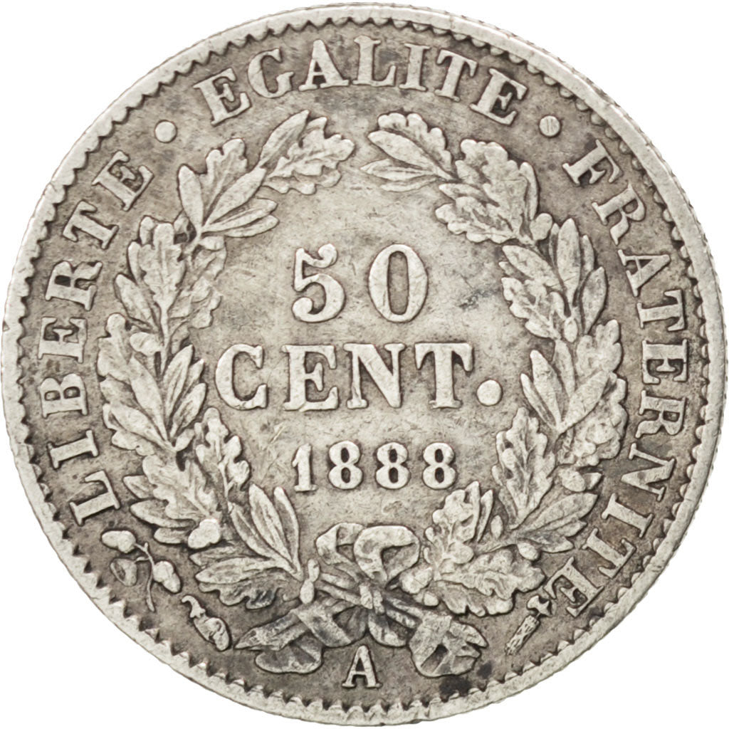 FRANCE, Cérès, 50 Centimes, 1888, Paris, KM #834.1, VF(30-35), Silver, 18, G...