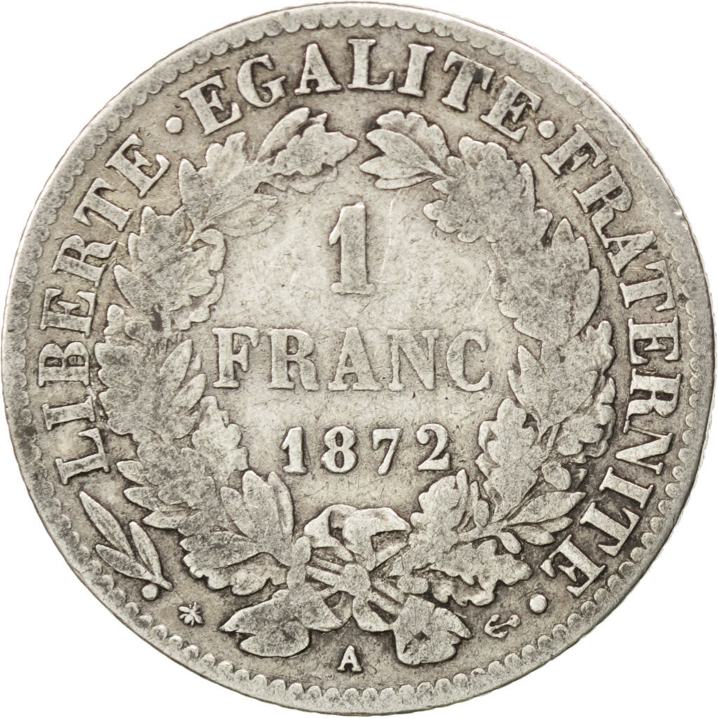 FRANCE, Cérès, Franc, 1872, Paris, KM #822.1, F(12-15), Silver, 23, Gadoury #...