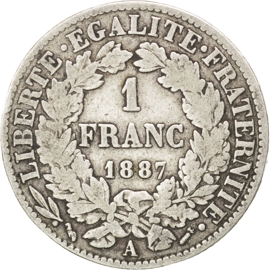FRANCE, Cérès, Franc, 1887, Paris, KM #822.1, F(12-15), Silver, 23, Gadoury #...