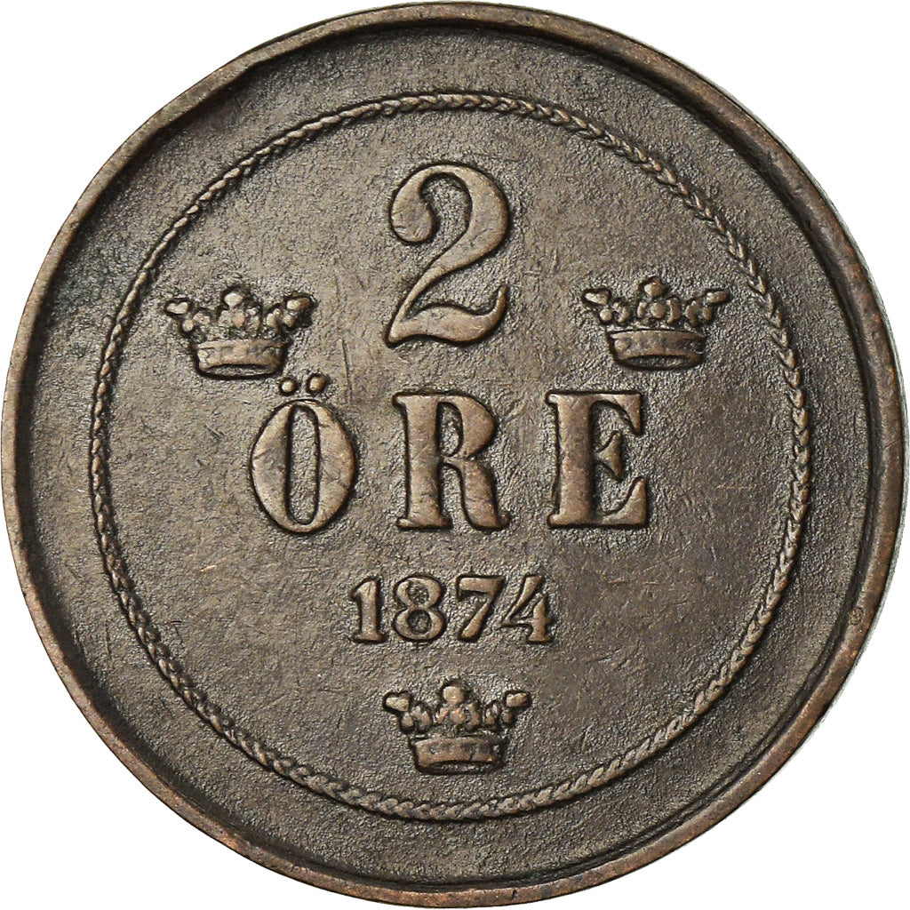Coin, Sweden, Oscar II, 2 Öre, 1874, EF(40-45), Bronze, KM:735