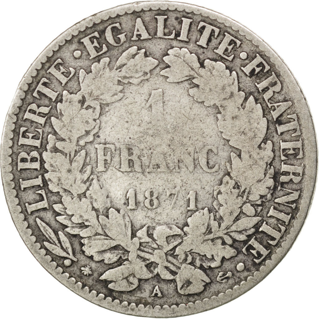 FRANCE, Cérès, Franc, 1871, Paris, KM #822.1, F(12-15), Silver, 23, Gadoury #465
