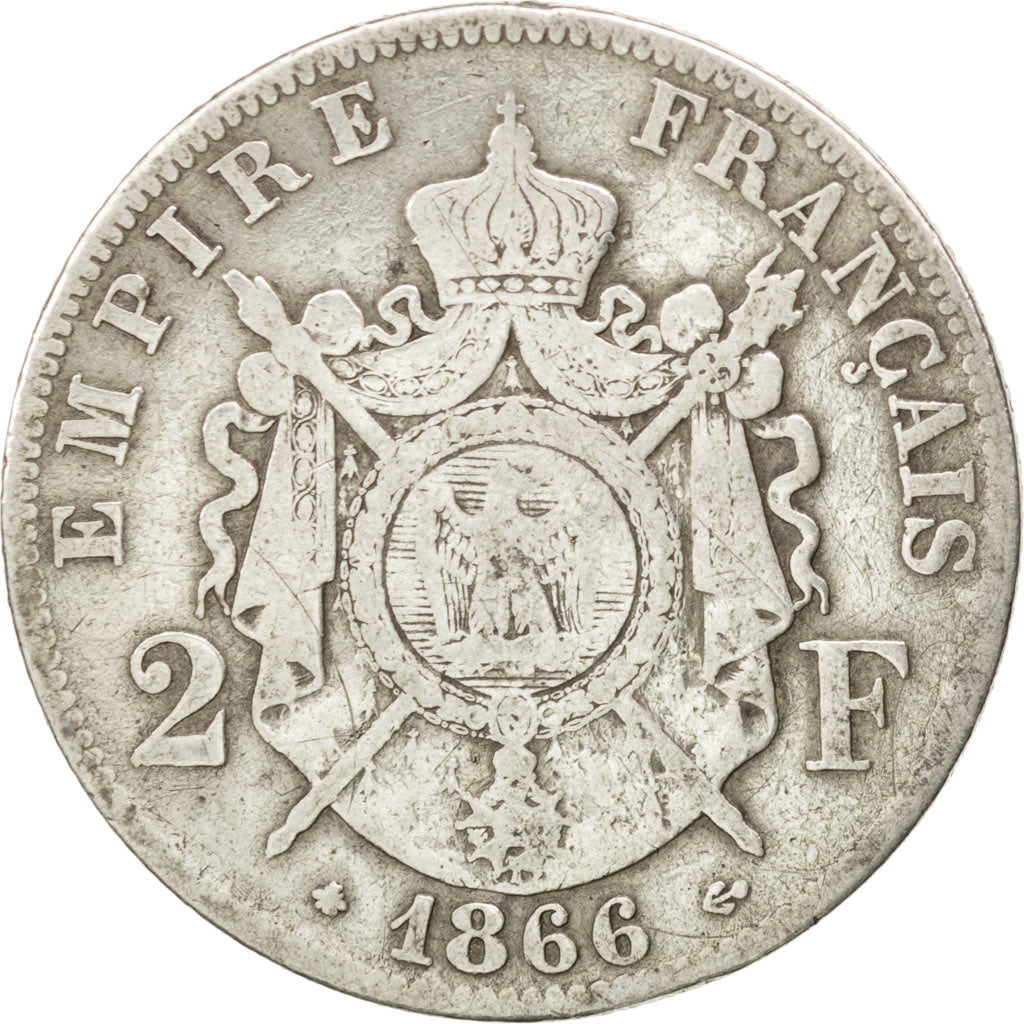 FRANCE, Napoléon III, 2 Francs, 1866, Paris, KM #807.1, VF(20-25), Silver, G...