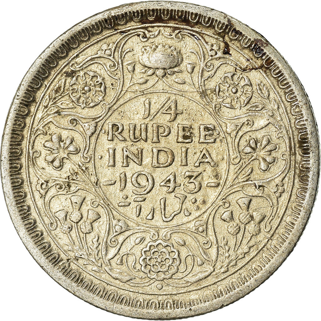 Coin, INDIA-BRITISH, George VI, 1/4 Rupee, 1943, EF(40-45), Silver, KM:547