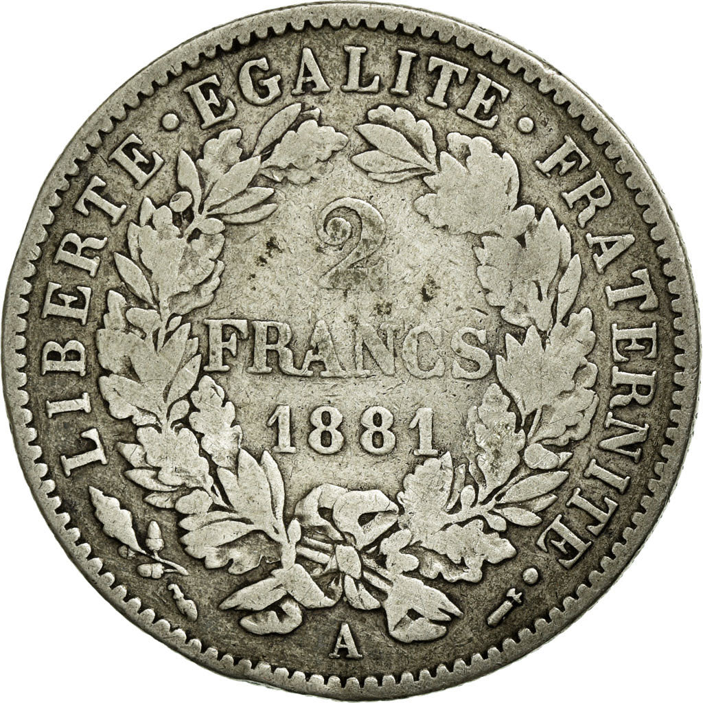 Moneta, Francia, Cérès, 2 Francs, 1881, Paris, MB, Argento, KM:817.1