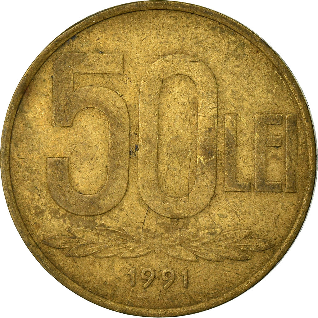 Moeda, Roménia, 50 Lei, 1991, VF(30-35), Aço Revestido a Latão, KM:110