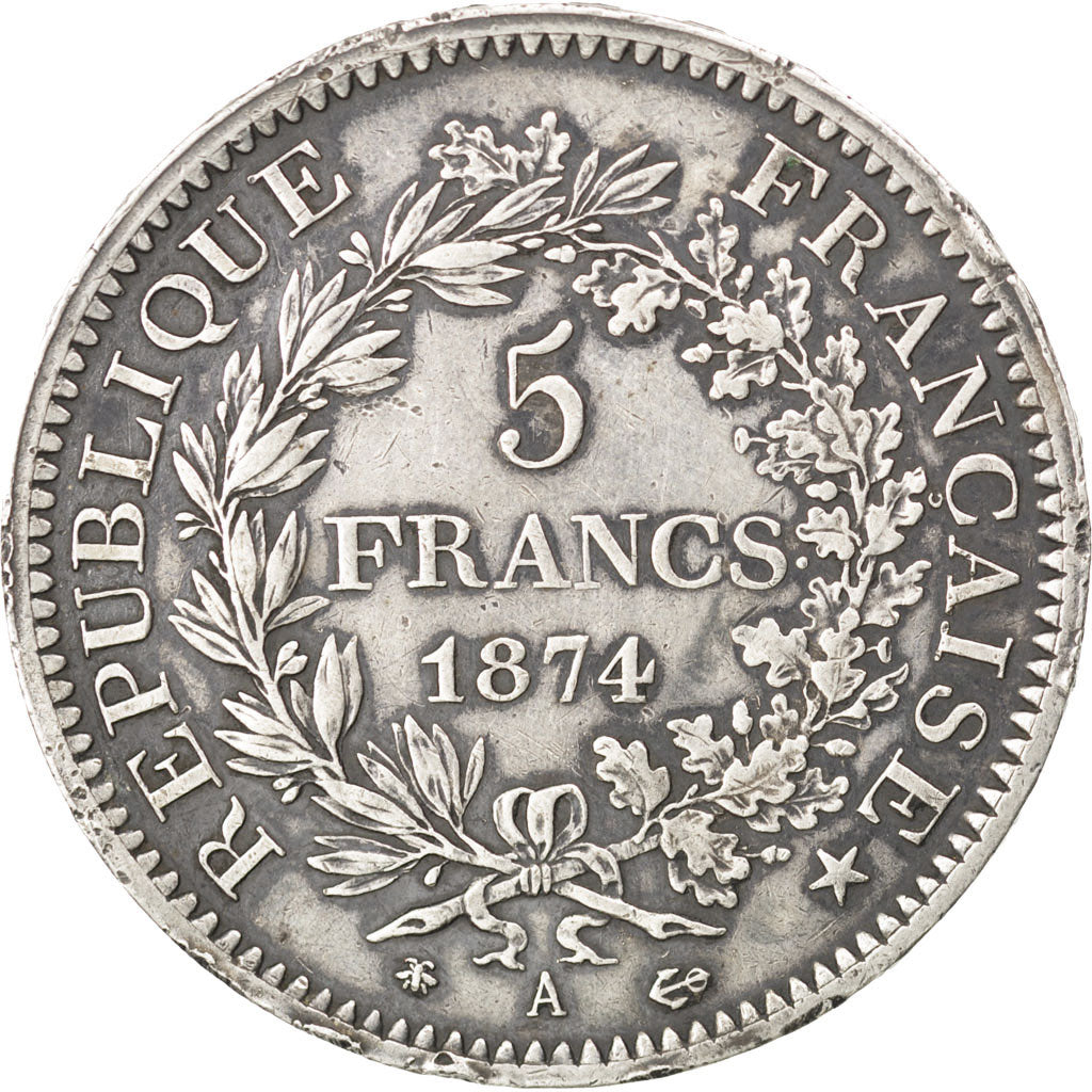 FRANCE, Hercule, 5 Francs, 1874, Paris, KM #820.1, EF(40-45), Silver, Gadoury...
