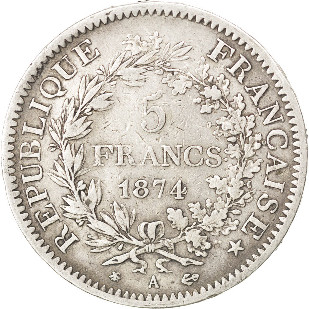 FRANCE, Hercule, 5 Francs, 1874, Paris, KM #820.1, VF(30-35), Silver, Gadoury...