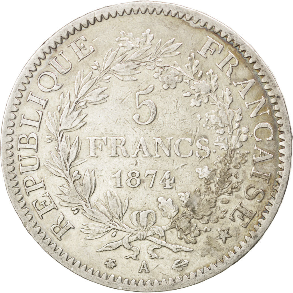 FRANCE, Hercule, 5 Francs, 1874, Paris, KM #820.1, VF(30-35), Silver, Gadoury...