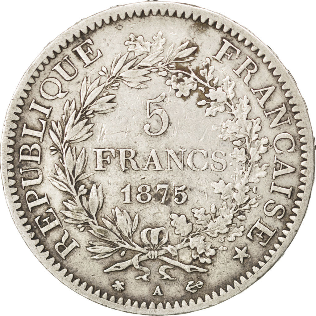 FRANCE, Hercule, 5 Francs, 1875, Paris, KM #820.1, VF(30-35), Silver, Gadoury...