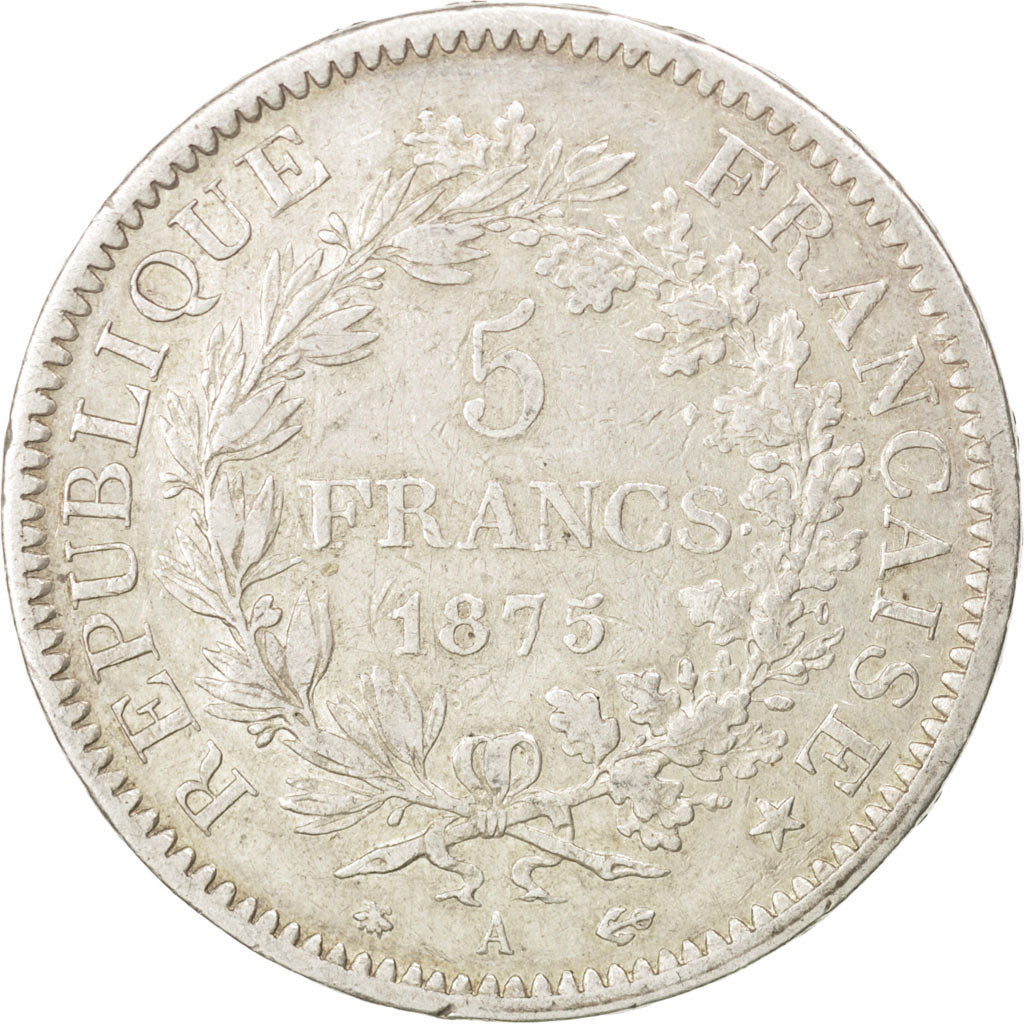 FRANCE, Hercule, 5 Francs, 1875, Paris, KM #820.1, EF(40-45), Silver, Gadoury...