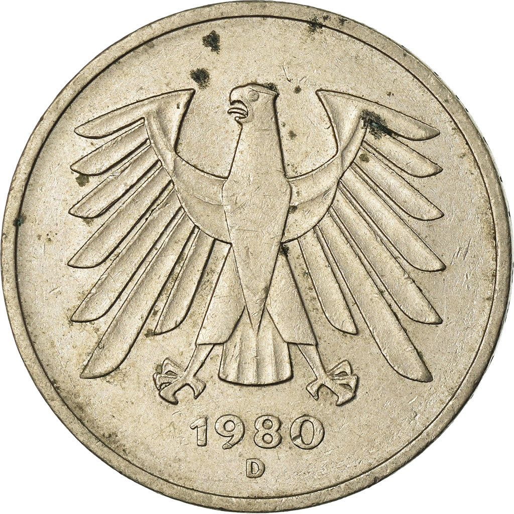 Coin, GERMANY - FEDERAL REPUBLIC, 5 Mark, 1980, Munich, EF(40-45), Copper-Nickel