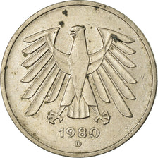 Coin, GERMANY - FEDERAL REPUBLIC, 5 Mark, 1980, Munich, EF(40-45), Copper-Nickel