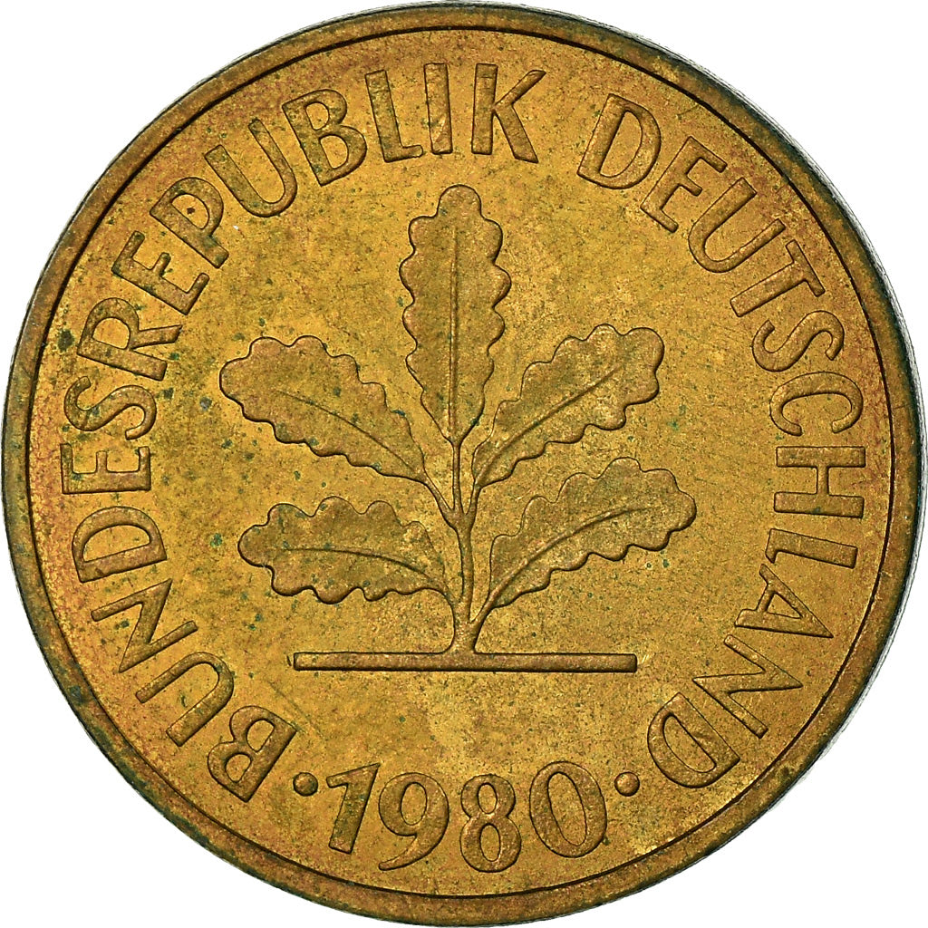 Coin, GERMANY - FEDERAL REPUBLIC, 5 Pfennig, 1980, Hambourg, EF(40-45), Brass