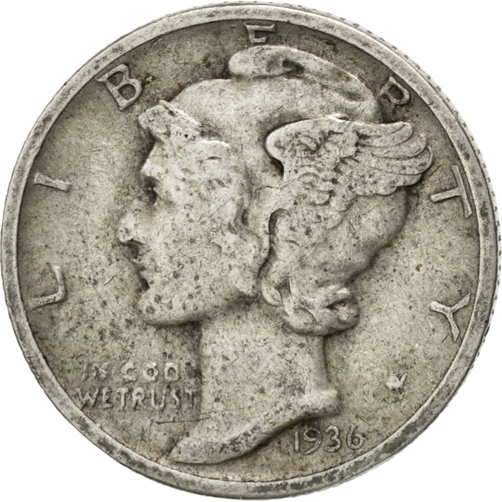 UNITED STATES, Mercury Dime, Dime, 1936, U.S. Mint, KM #140, VF(20-25), Silver,.