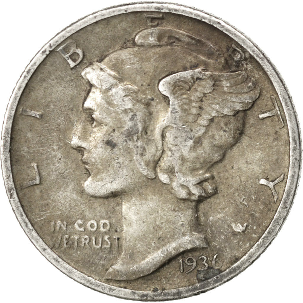 UNITED STATES, Mercury Dime, Dime, 1936, U.S. Mint, KM #140, VF(20-25), Silver,.