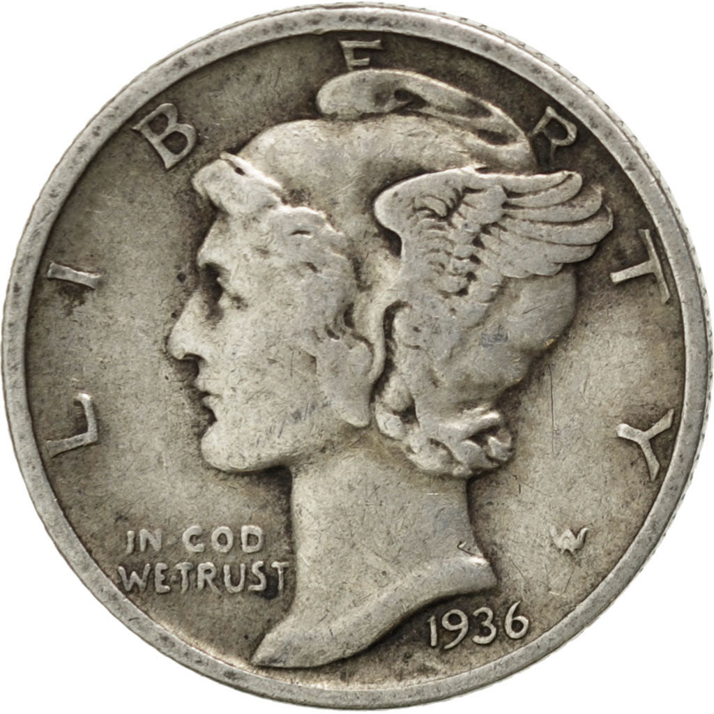 UNITED STATES, Mercury Dime, Dime, 1936, U.S. Mint, KM #140, VF(20-25), Silver,.