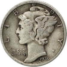 UNITED STATES, Mercury Dime, Dime, 1936, U.S. Mint, KM #140, VF(20-25), Silver,.