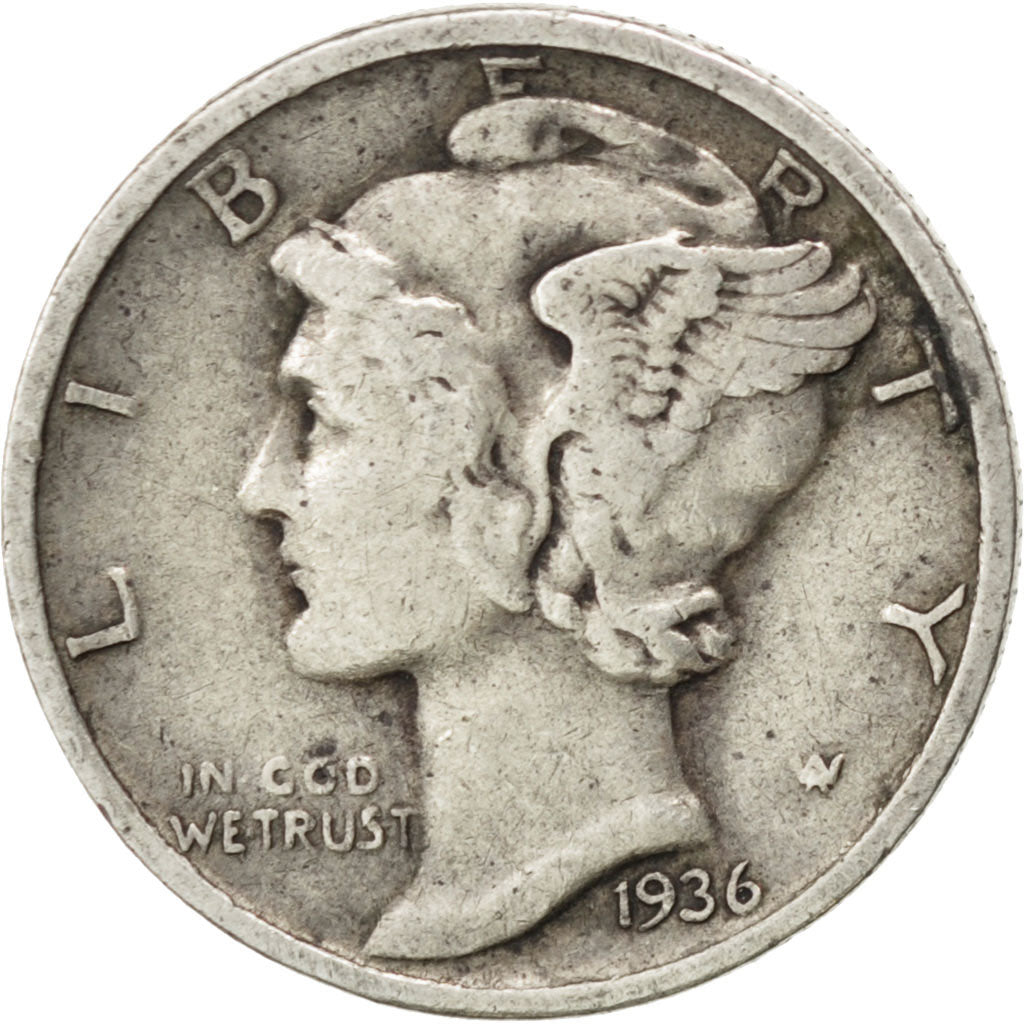 UNITED STATES, Mercury Dime, Dime, 1936, U.S. Mint, KM #140, VF(20-25), Silver,.