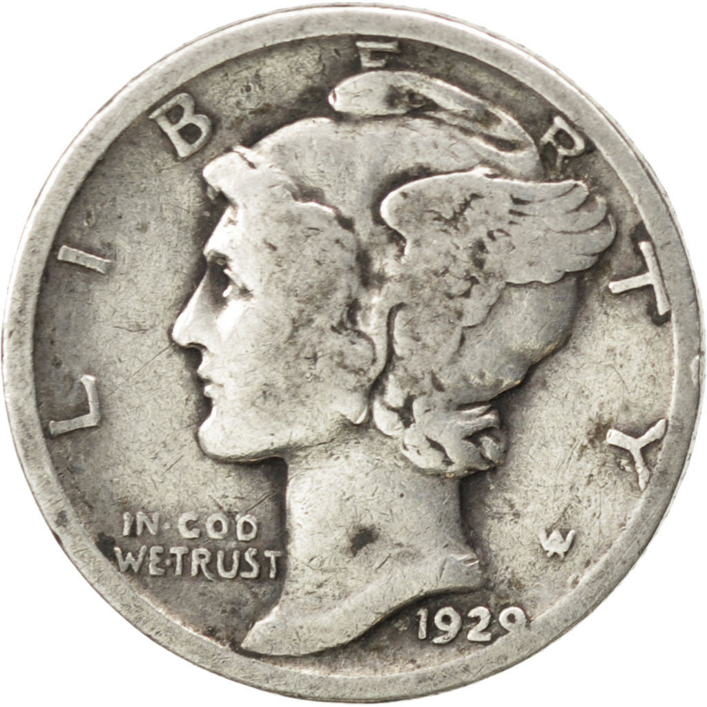 UNITED STATES, Mercury Dime, Dime, 1929, U.S. Mint, KM #140, VF(30-35), Silver,.