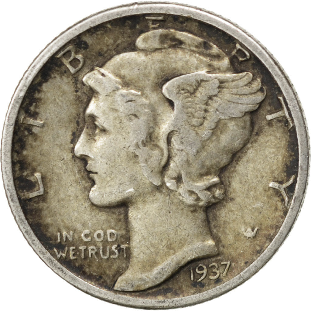 UNITED STATES, Mercury Dime, Dime, 1937, U.S. Mint, KM #140, VF(30-35), Silver,.
