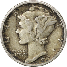 UNITED STATES, Mercury Dime, Dime, 1937, U.S. Mint, KM #140, VF(30-35), Silver,.