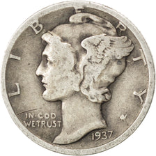 UNITED STATES, Mercury Dime, Dime, 1937, U.S. Mint, KM #140, EF(40-45), Silver,.