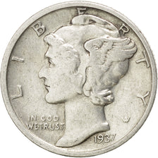 UNITED STATES, Mercury Dime, Dime, 1937, U.S. Mint, KM #140, EF(40-45), Silver,.