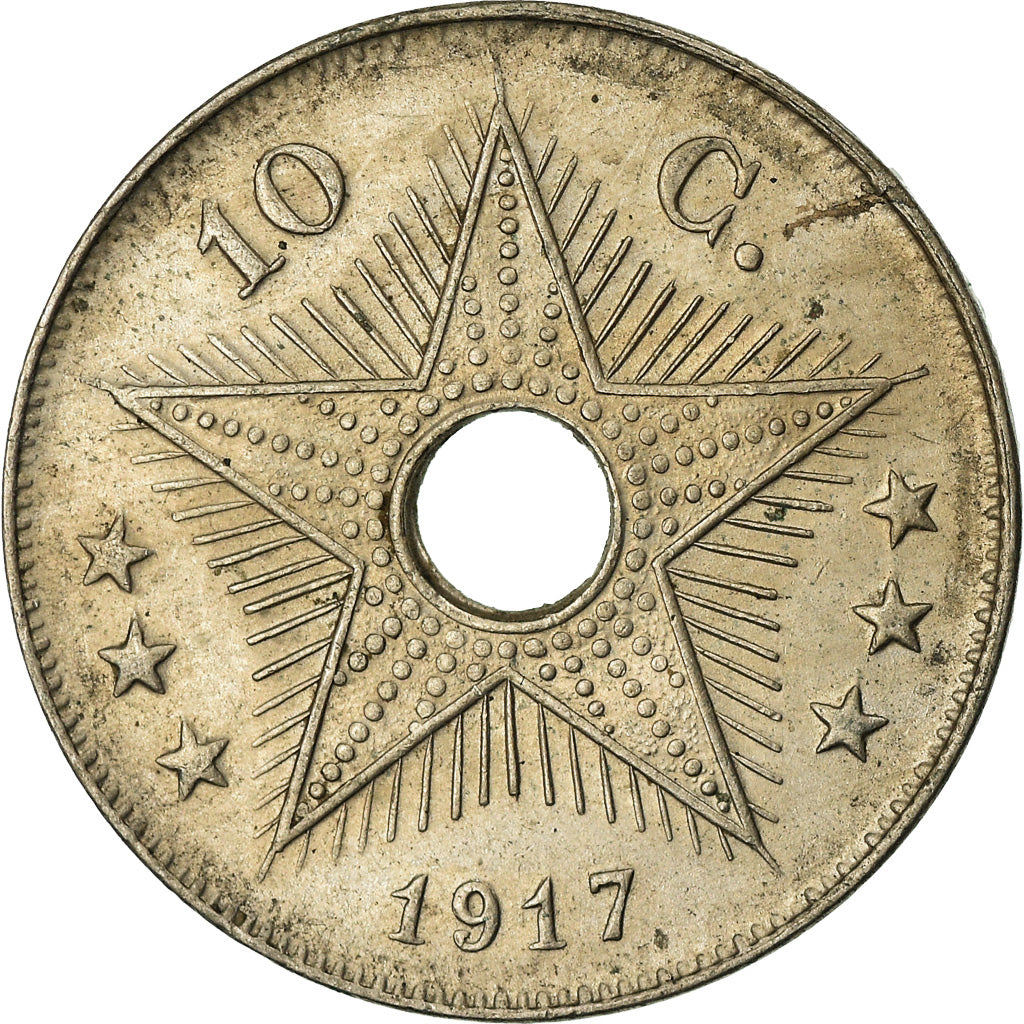 Moneta, Congo belga, 10 Centimes, 1917, Heaton, Birmingham, BB, Rame-nichel