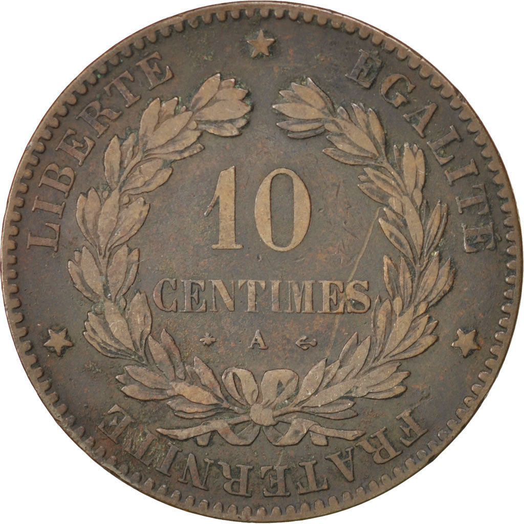 FRANCE, Cérès, 10 Centimes, 1873, Paris, KM #815.1, VF(30-35), Bronze, Gadoury #