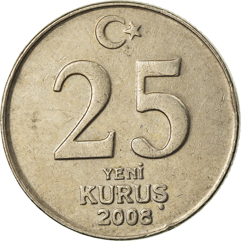 Coin, Turkey, 25 New Kurus, 2008, Istanbul, EF(40-45), Copper-Nickel-Zinc