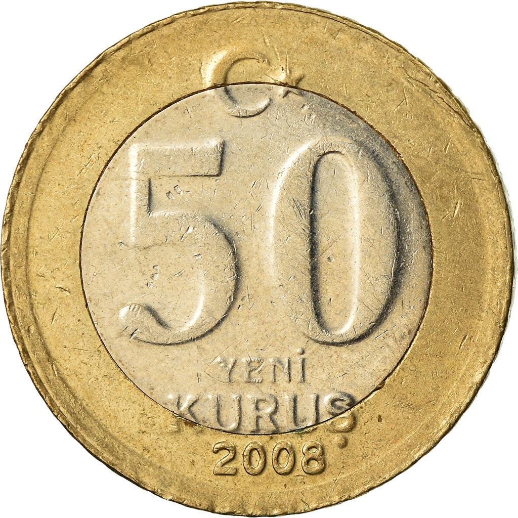 Coin, Turkey, 50 New Kurus, 2008, Istanbul, EF(40-45), Bi-Metallic, KM:1168