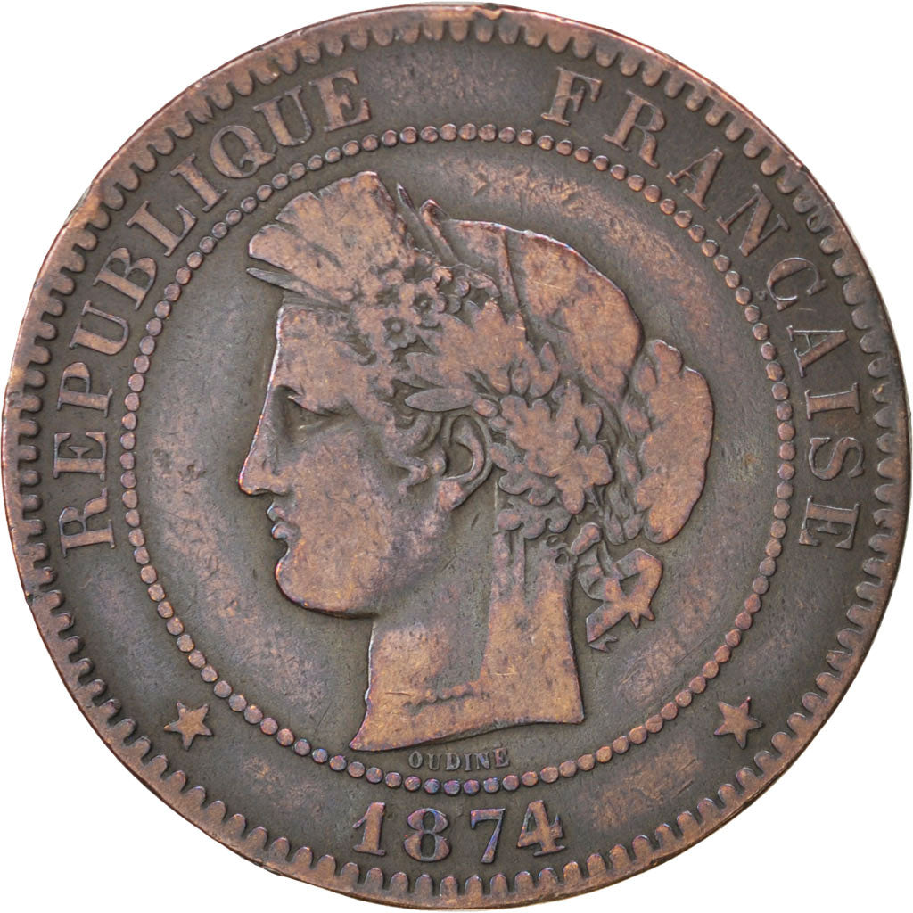 FRANCE, Cérès, 10 Centimes, 1874, Bordeaux, KM #815.2, VF(20-25), Bronze, Gadour