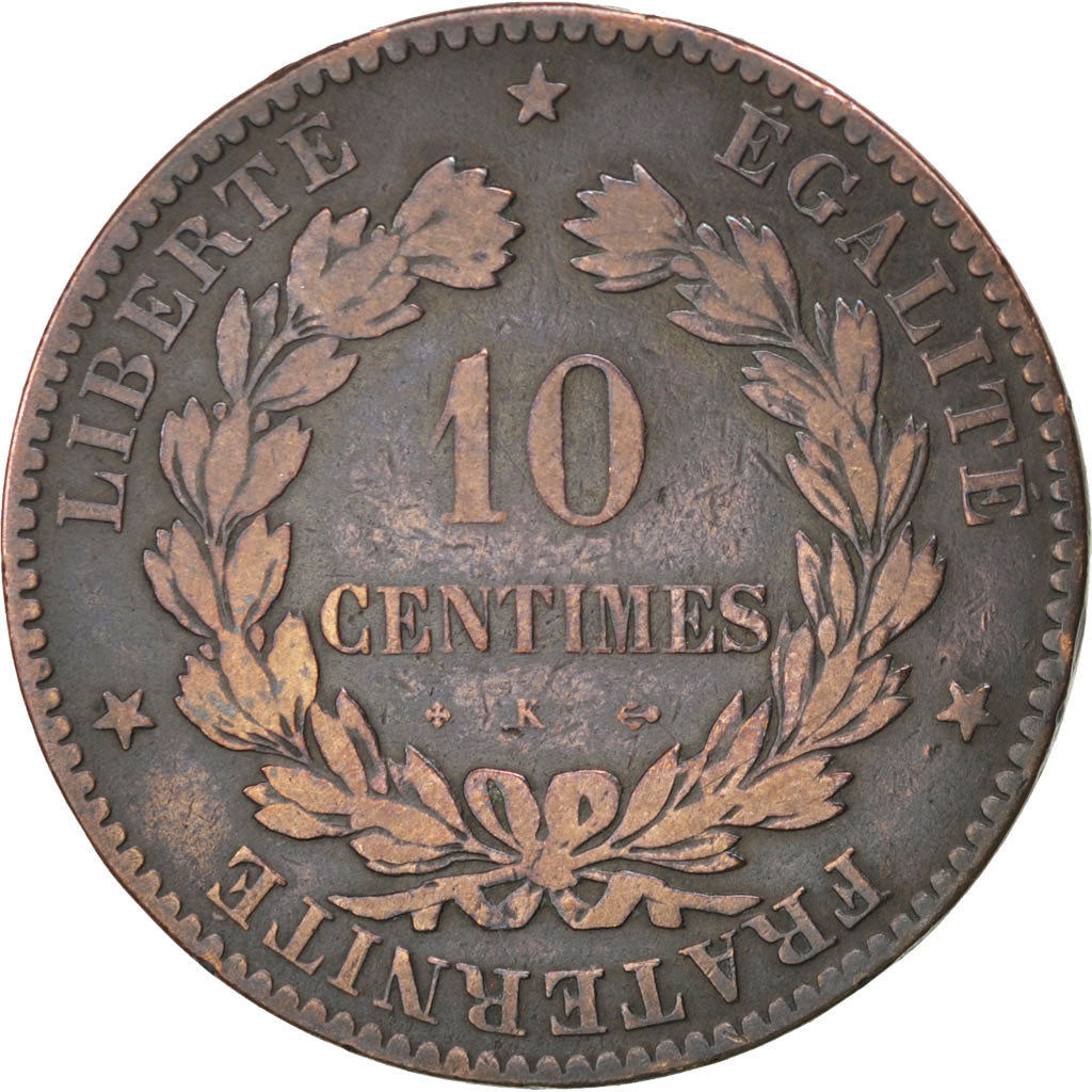 FRANCE, Cérès, 10 Centimes, 1874, Bordeaux, KM #815.2, VF(20-25), Bronze, Gadour