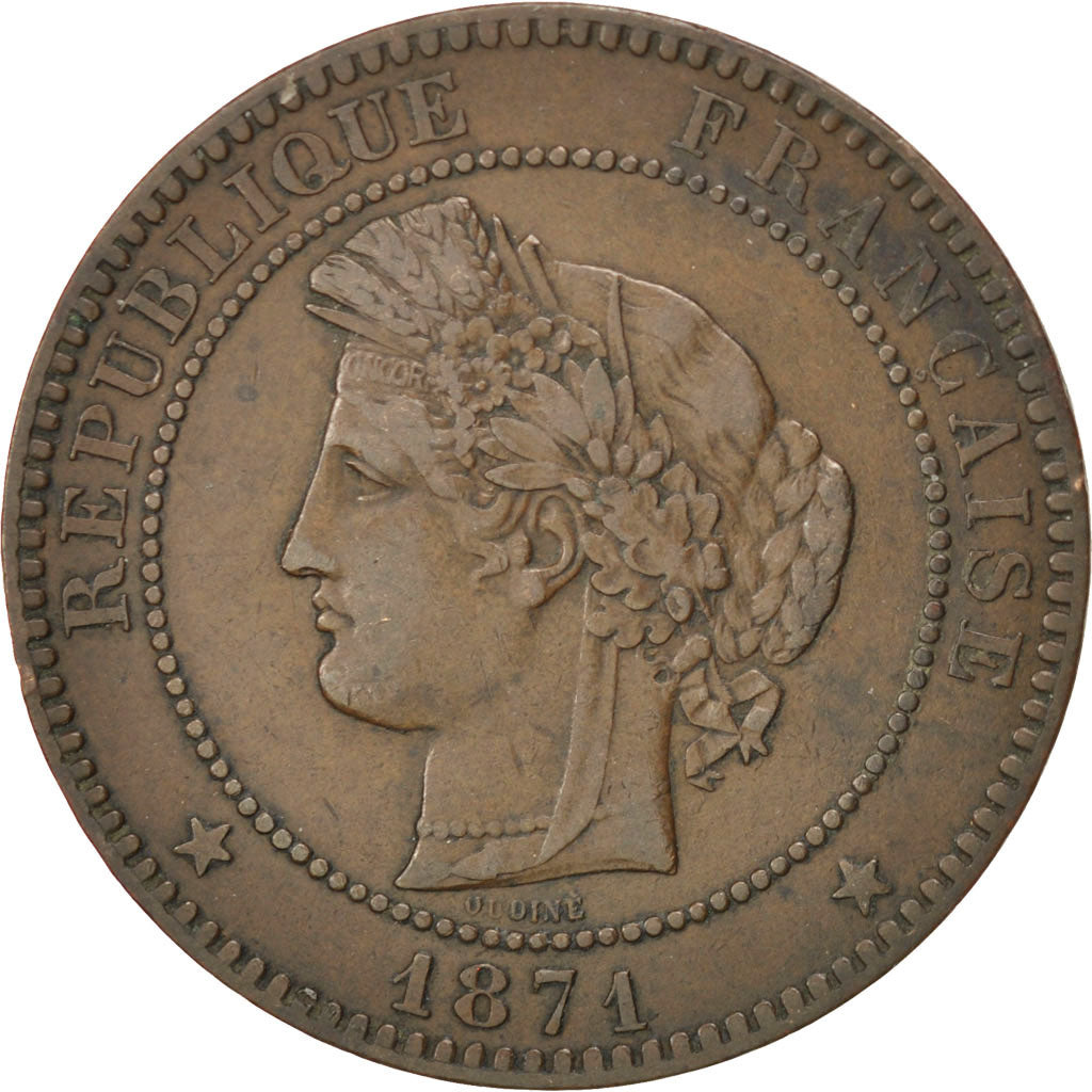 FRANCE, Cérès, 10 Centimes, 1871, Paris, KM #815.1, EF(40-45), Bronze, Gadoury #